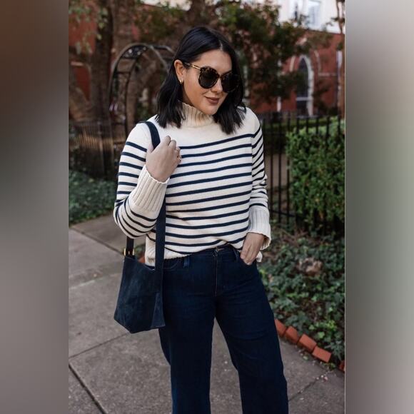 J.CREW Cotton Turtleneck Sweater in Stripe Ivory White & Black Oversized XS NEW - Picture 7 of 14